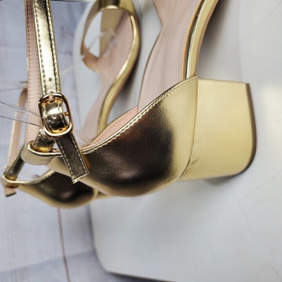 Justfab Noura Gold Tone Strappy Open Toe Block Shiny Heels Size 9.5 - Picture 3 of 8